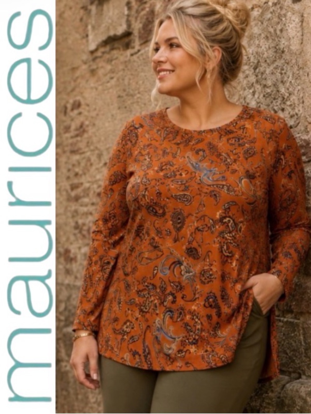 XXL Maurices 24/7 Burnt Orange Long-Sleeve Flowy Top in “Palisade Paisley”